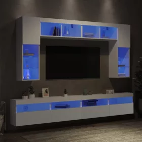    8 darabos fehér falra szerelhető TV-szekrényszett LED-ekkel