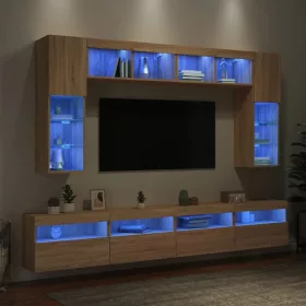    8 darab sonoma tölgy színű falra szerelhető TV-szekrény LED-del