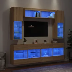   6 darab sonoma tölgy színű falra szerelhető TV-szekrény LED-del