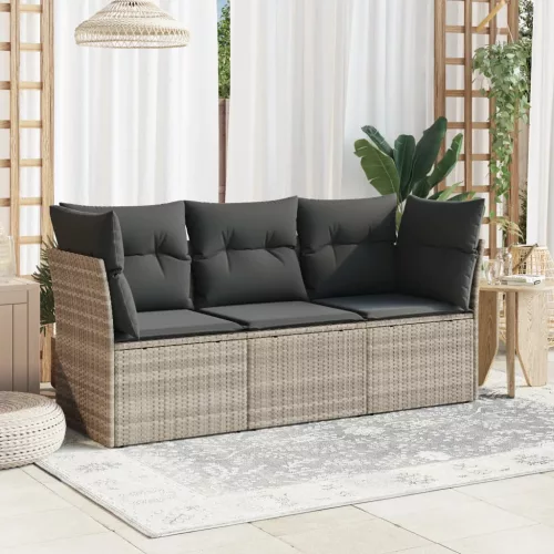  3 részes világosszürke polyrattan kerti ülőgarnitúra párnával