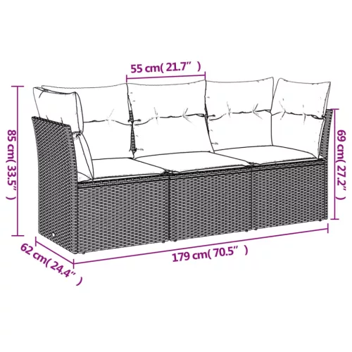  3 részes világosszürke polyrattan kerti ülőgarnitúra párnával