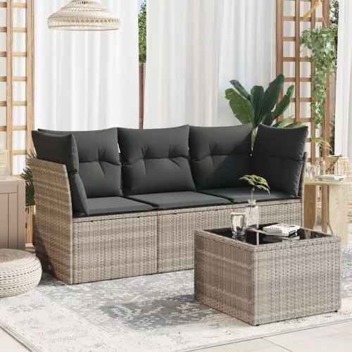  4 részes világosszürke polyrattan kerti ülőgarnitúra párnákkal