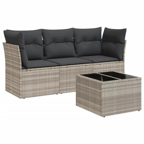  4 részes világosszürke polyrattan kerti ülőgarnitúra párnákkal