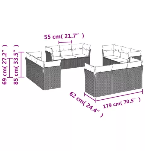  12 részes fekete polyrattan kerti ülőgarnitúra párnákkal