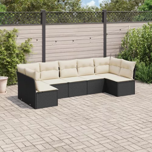  7 részes fekete polyrattan kerti ülőgarnitúra párnával
