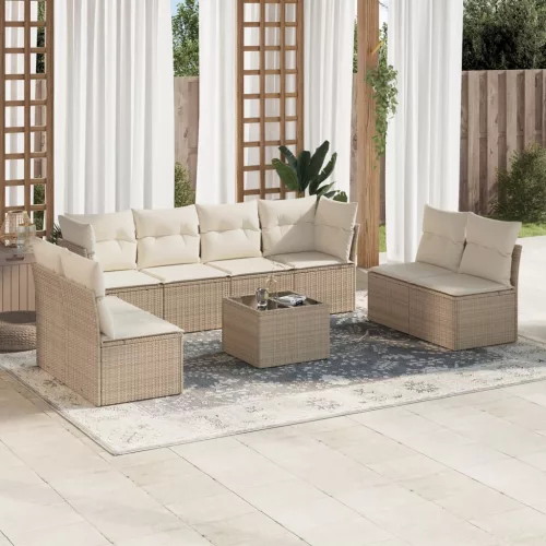  9 részes bézs polyrattan kerti ülőgarnitúra párnákkal