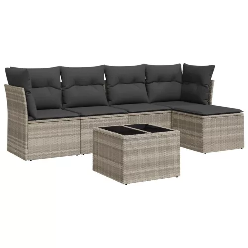  6 részes világosszürke polyrattan kerti ülőgarnitúra párnákkal