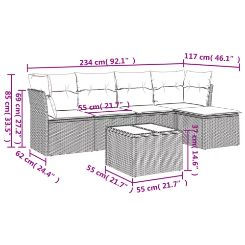  6 részes világosszürke polyrattan kerti ülőgarnitúra párnákkal