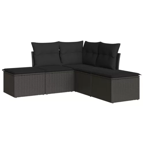  5 részes fekete polyrattan kerti kanapészett párnákkal
