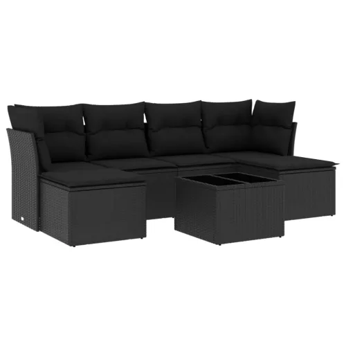  7 részes fekete polyrattan kerti ülőgarnitúra párnával
