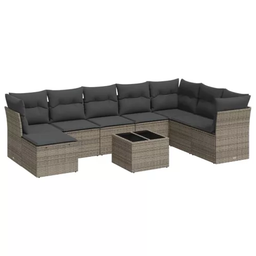  9 részes szürke polyrattan kerti ülőgarnitúra párnákkal
