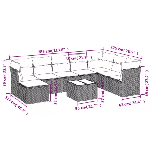 9 részes szürke polyrattan kerti ülőgarnitúra párnákkal