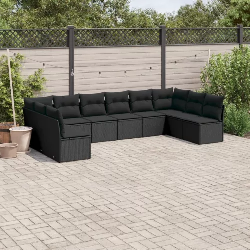  10 részes fekete polyrattan kerti ülőgarnitúra párnákkal