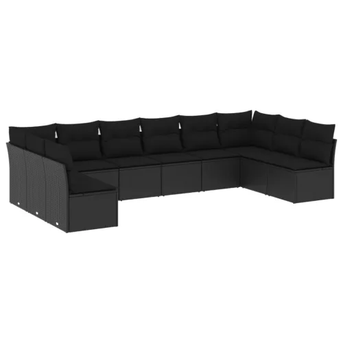  10 részes fekete polyrattan kerti ülőgarnitúra párnákkal
