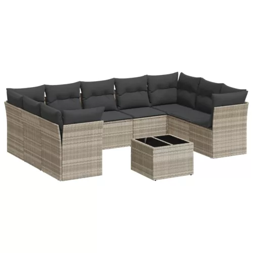  10 részes világosszürke polyrattan kerti ülőgarnitúra párnákkal