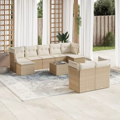  10 részes bézs polyrattan kerti ülőgarnitúra párnával