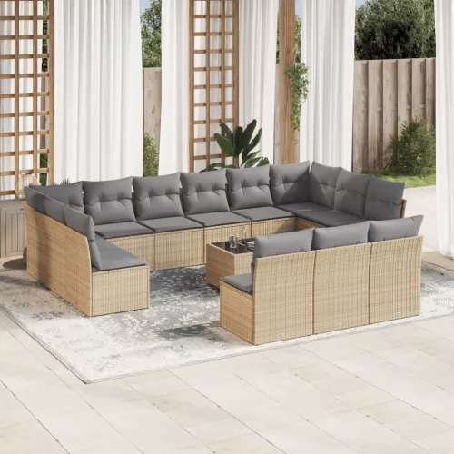  14 részes bézs polyrattan kerti ülőgarnitúra párnával