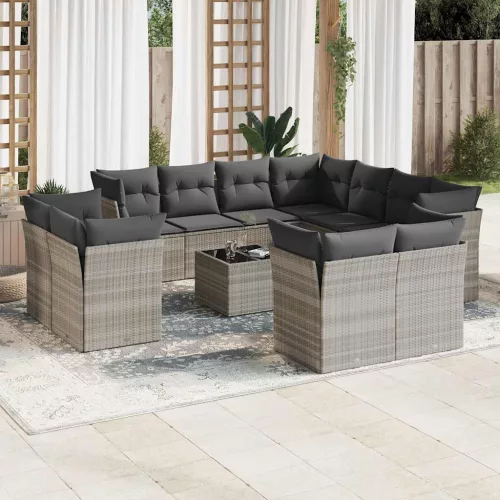  12 részes világosszürke polyrattan kerti ülőgarnitúra párnával