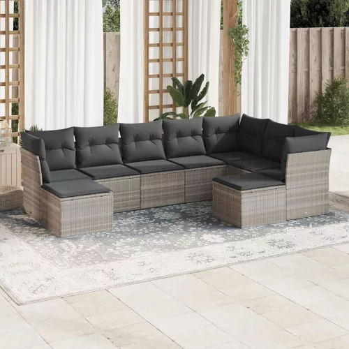  9 részes világosszürke polyrattan kerti ülőgarnitúra párnával