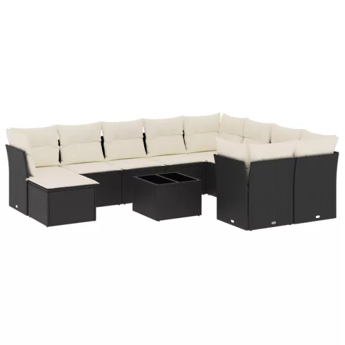  11 részes fekete polyrattan kerti ülőgarnitúra párnákkal