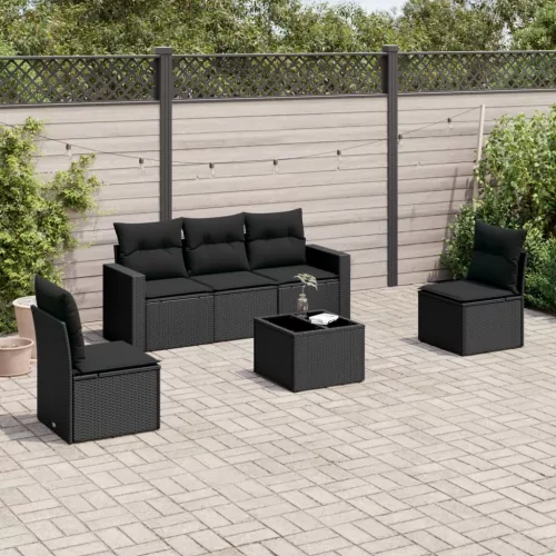  6 részes fekete polyrattan kerti ülőgarnitúra párnákkal