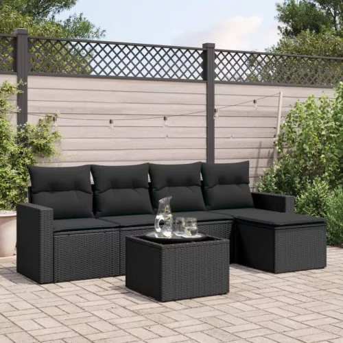  6 részes fekete polyrattan kerti ülőgarnitúra párnákkal