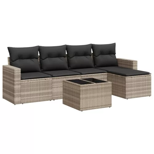  6 részes világosszürke polyrattan kerti ülőgarnitúra párnákkal