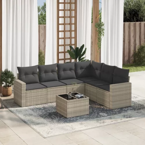 7 részes világosszürke polyrattan kerti ülőgarnitúra párnákkal