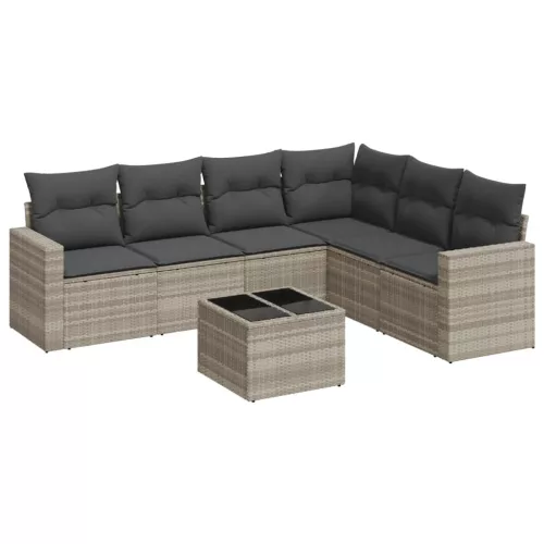  7 részes világosszürke polyrattan kerti ülőgarnitúra párnákkal