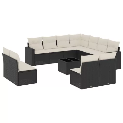  12 részes fekete polyrattan kerti ülőgarnitúra párnákkal