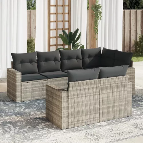  7 részes világosszürke polyrattan kerti ülőgarnitúra párnákkal