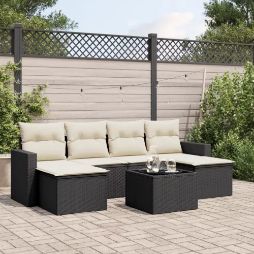  7 részes fekete polyrattan kerti ülőgarnitúra párnával