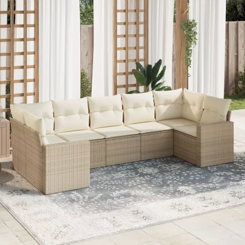  7 részes bézs polyrattan kerti ülőgarnitúra párnákkal