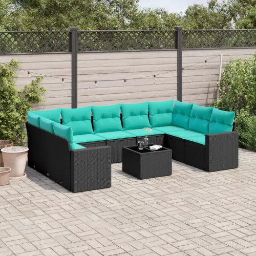  10 részes fekete polyrattan kerti ülőgarnitúra párnával