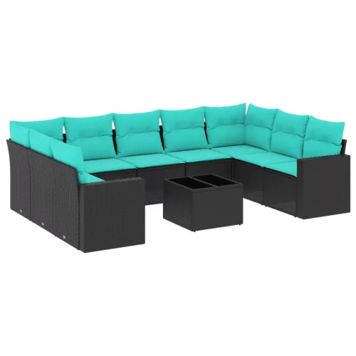  10 részes fekete polyrattan kerti ülőgarnitúra párnával