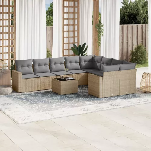  10 részes bézs polyrattan kerti ülőgarnitúra párnával