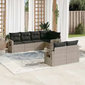   7 részes világosszürke polyrattan kerti ülőgarnitúra párnákkal