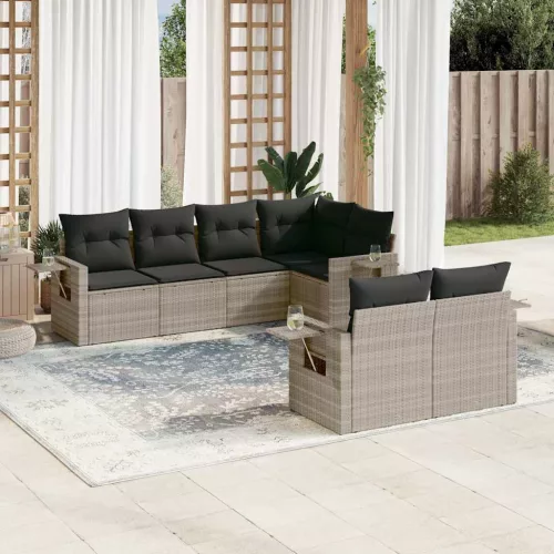  7 részes világosszürke polyrattan kerti ülőgarnitúra párnákkal