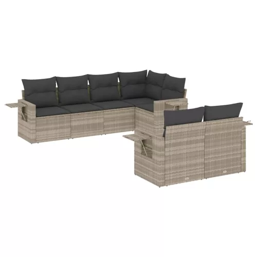  7 részes világosszürke polyrattan kerti ülőgarnitúra párnákkal