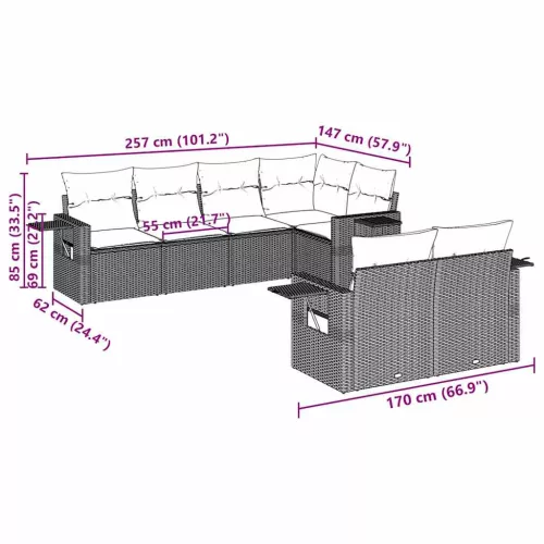  7 részes világosszürke polyrattan kerti ülőgarnitúra párnákkal
