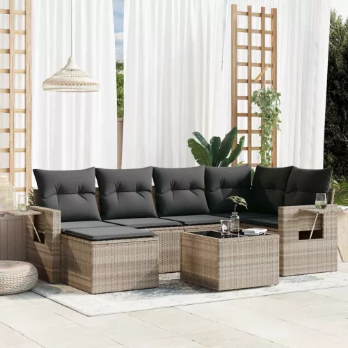  7 részes világosszürke polyrattan kerti ülőgarnitúra párnákkal