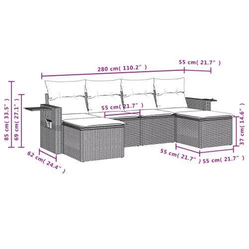  6 részes szürke polyrattan kerti ülőgarnitúra párnákkal