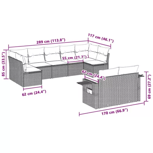  9 részes világosszürke polyrattan kerti ülőgarnitúra párnával