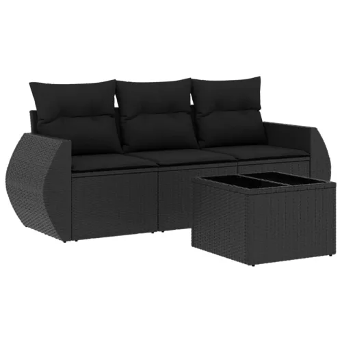  4 részes fekete polyrattan kerti ülőgarnitúra párnákkal