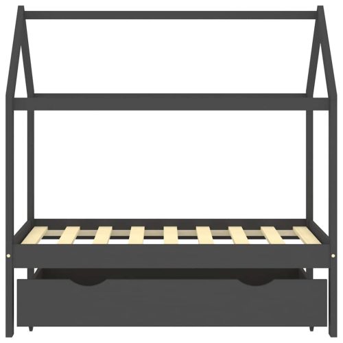  sötétszürke tömör fenyőfa gyerekágykeret fiókkal 70 x 140 cm