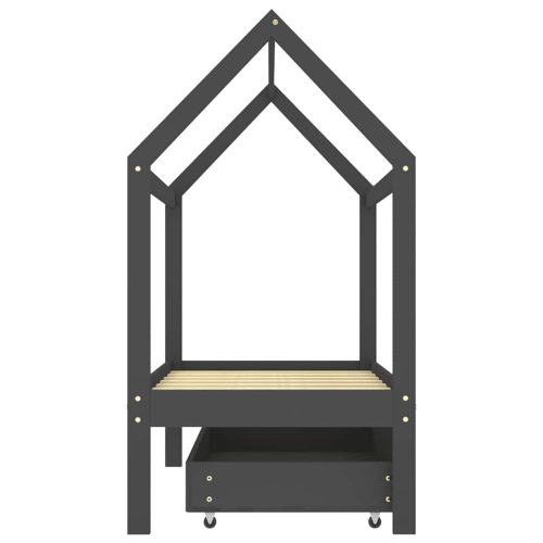  sötétszürke tömör fenyőfa gyerekágykeret fiókkal 70 x 140 cm