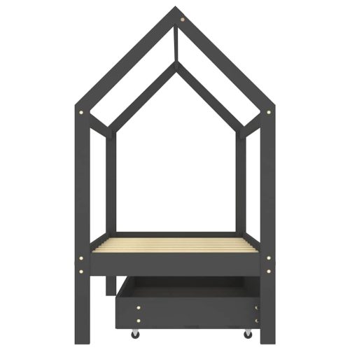  sötétszürke tömör fenyőfa gyerekágykeret fiókkal 80 x 160 cm