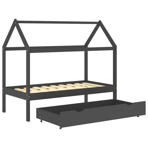  sötétszürke tömör fenyőfa gyerekágykeret fiókkal 80 x 160 cm