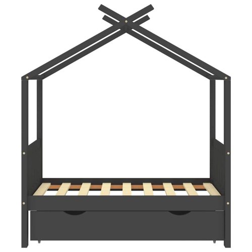  sötétszürke tömör fenyőfa gyerekágykeret fiókkal 70 x 140 cm