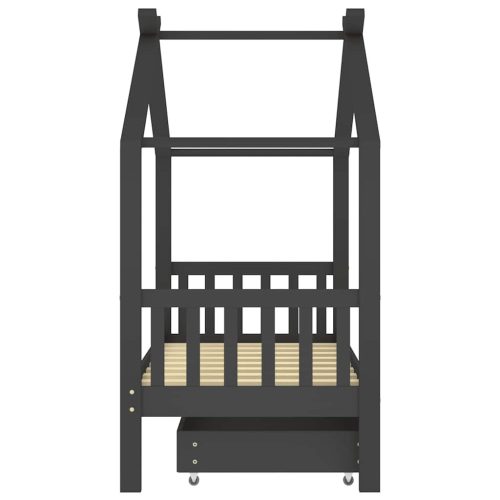  sötétszürke tömör fenyőfa gyerekágykeret fiókkal 80 x 160 cm